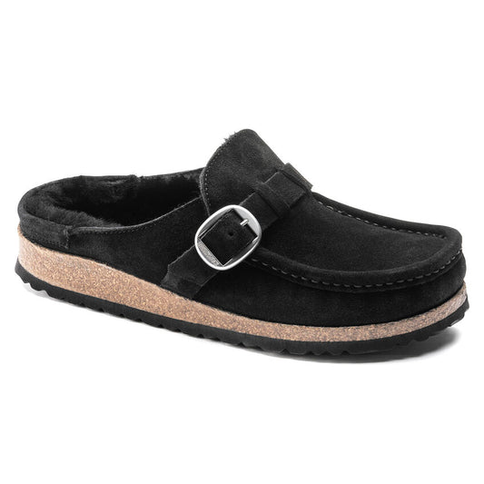 Birkenstock Women's Buckley Shearling Suede Leather Narrow Fit Moccasin Clog Black