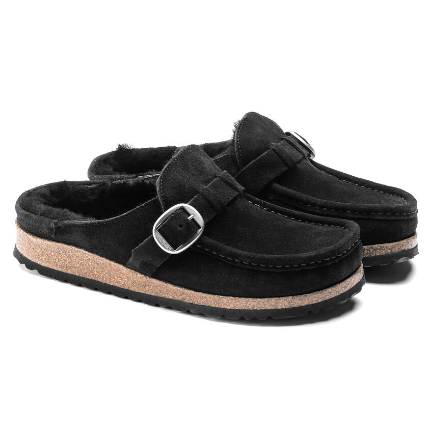 Birkenstock Women's Buckley Shearling Suede Leather Narrow Fit Moccasin Clog Black