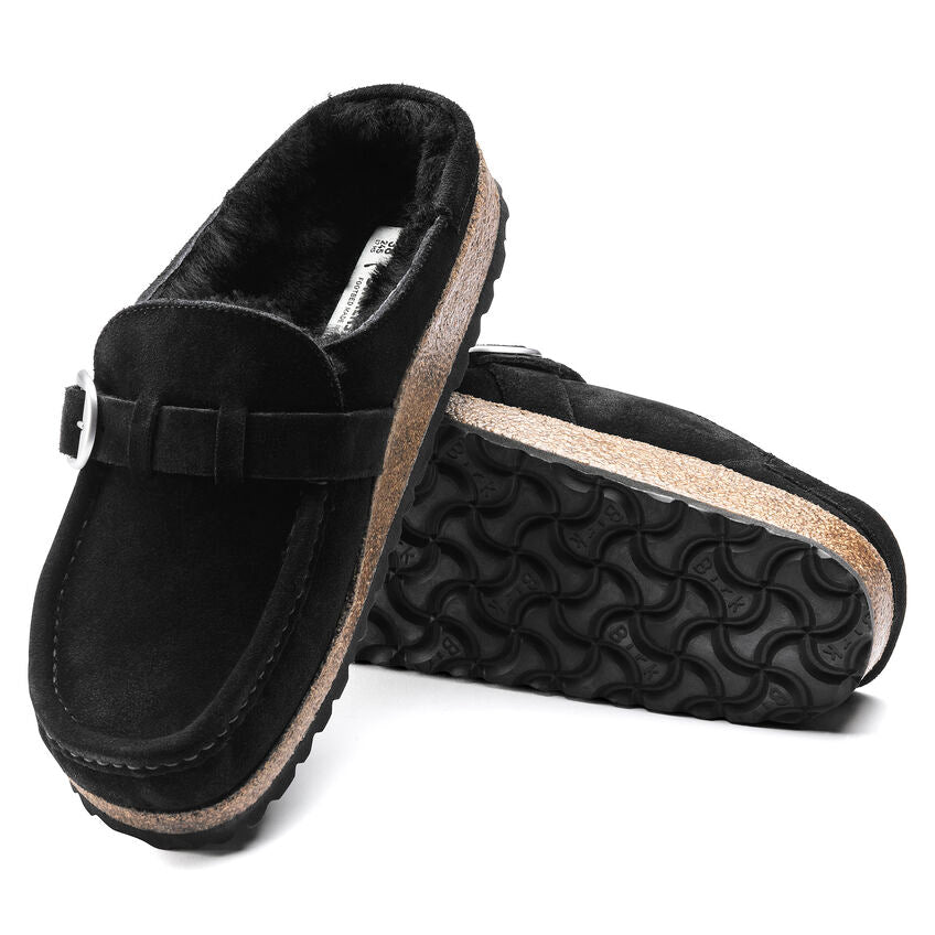 Birkenstock Women's Buckley Shearling Suede Leather Narrow Fit Moccasin Clog Black