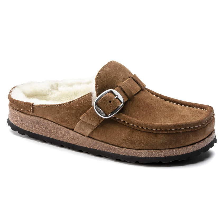 Birkenstock Women's Buckley Shearling Suede Leather Regular Fit Moccasin Clog Tea Brown