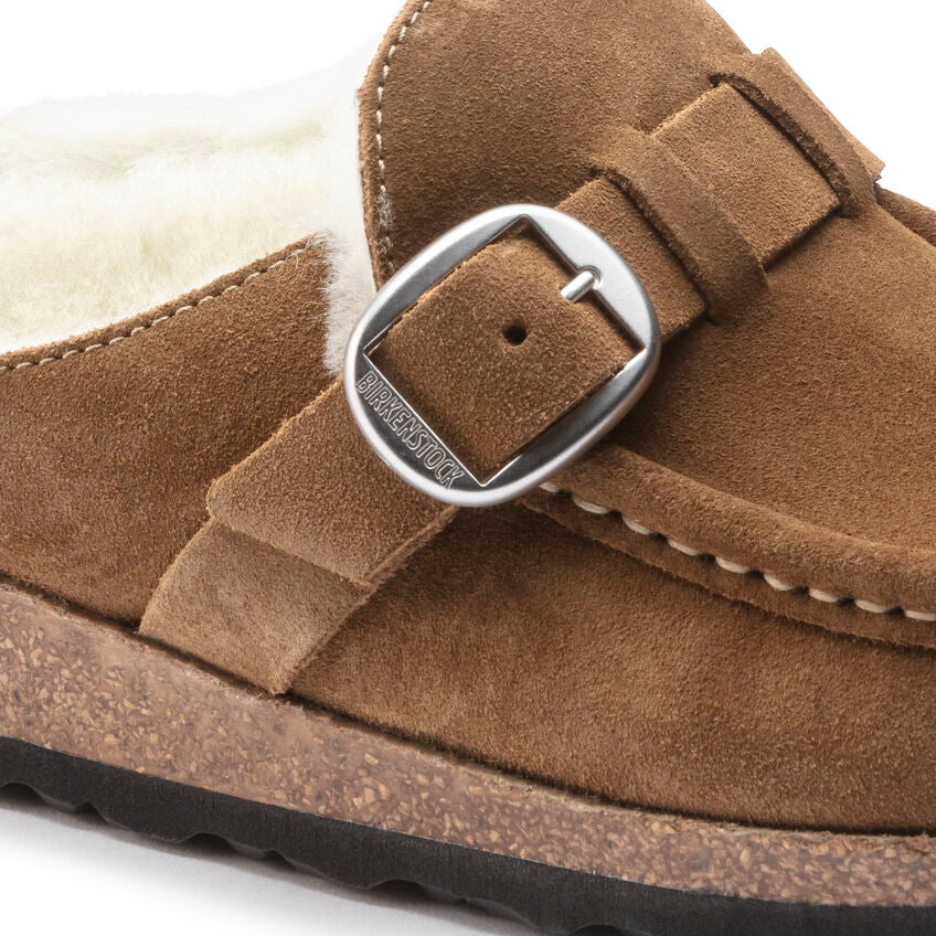 Birkenstock Women's Buckley Shearling Suede Leather Narrow Fit Moccasin Clog Tea Brown