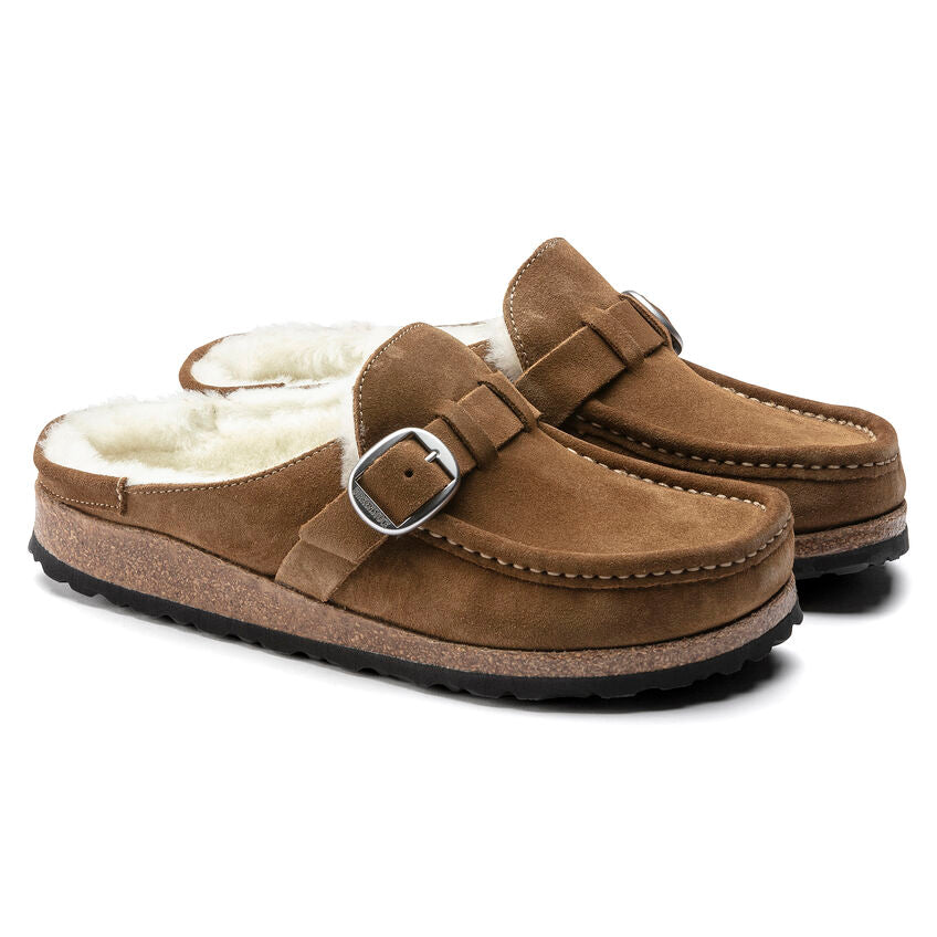 Birkenstock Women's Buckley Shearling Suede Leather Regular Fit Moccasin Clog Tea Brown