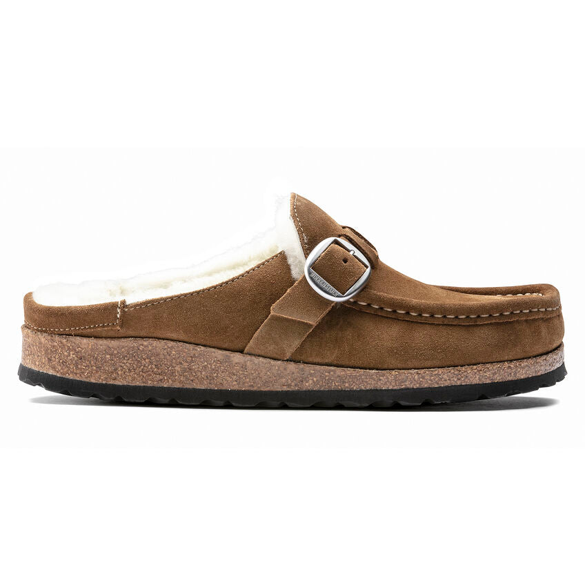 Birkenstock Women's Buckley Shearling Suede Leather Narrow Fit Moccasin Clog Tea Brown