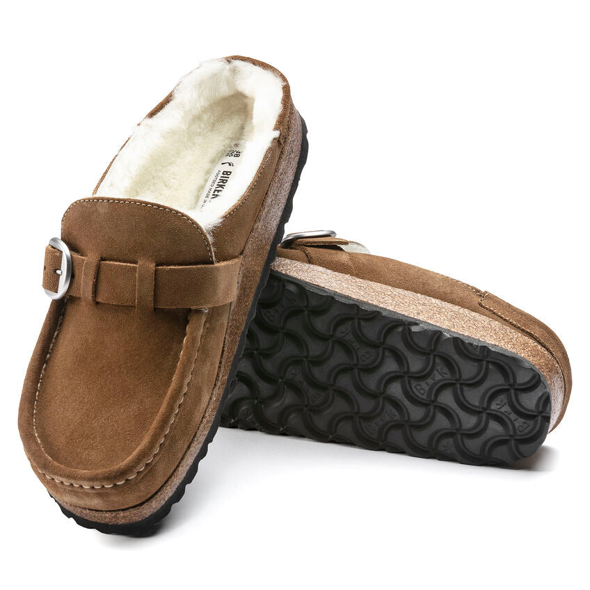 Birkenstock Women's Buckley Shearling Suede Leather Regular Fit Moccasin Clog Tea Brown