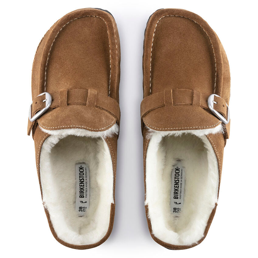 Birkenstock Women's Buckley Shearling Suede Leather Regular Fit Moccasin Clog Tea Brown