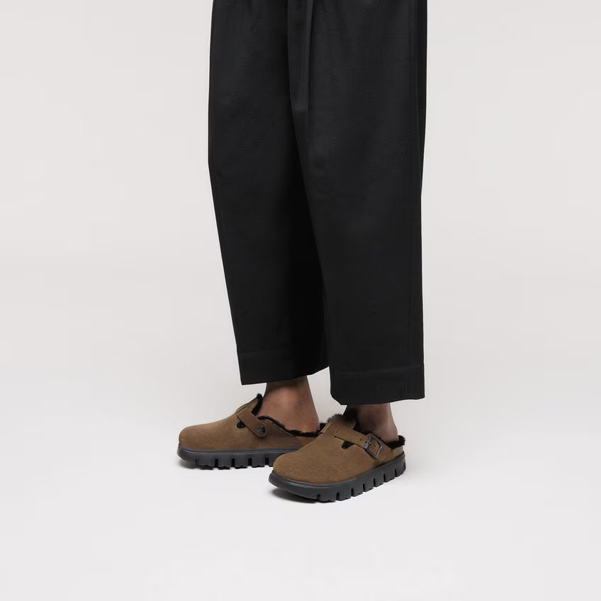 Birkenstock Women's Boston PAP Chunky Suede Leather Shearing Clogs Dark Tea Brown