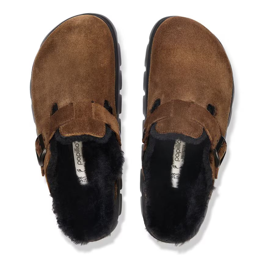 Birkenstock Women's Boston PAP Chunky Suede Leather Shearing Clogs Dark Tea Brown