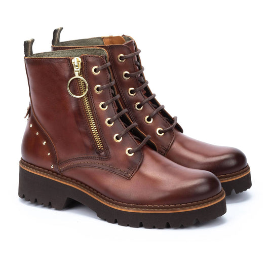Pikolinos Women's Vicar W6S-8619 Leather Lace-up Biker Ankle Boots Cognac Brown