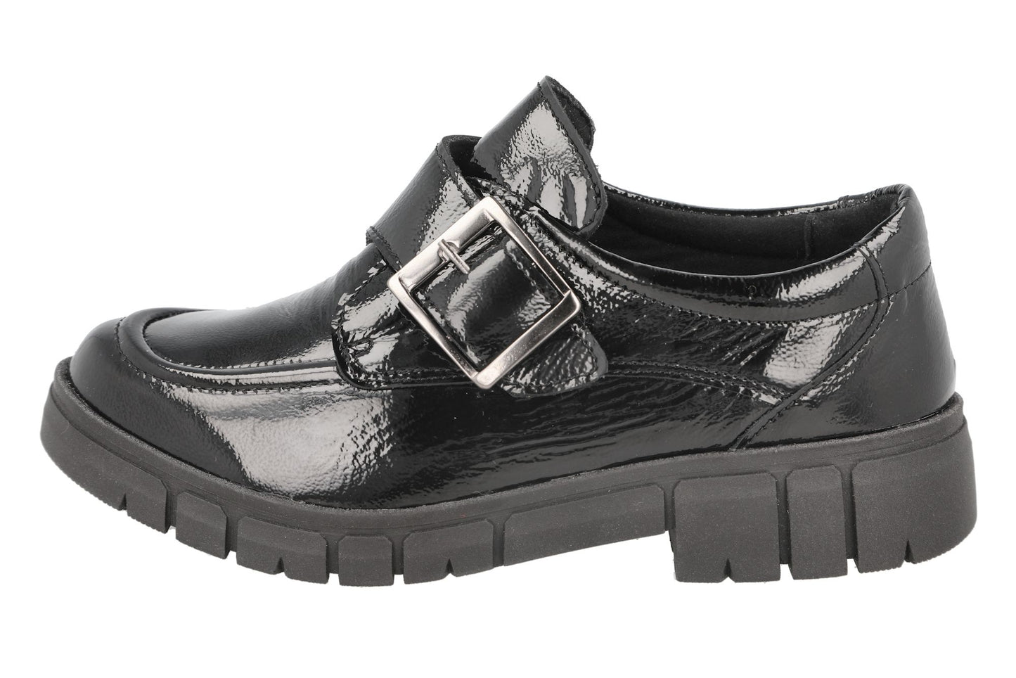 DB Wider Fit Women's Kirby 2V Leather Shoes Black Crinkly Patent