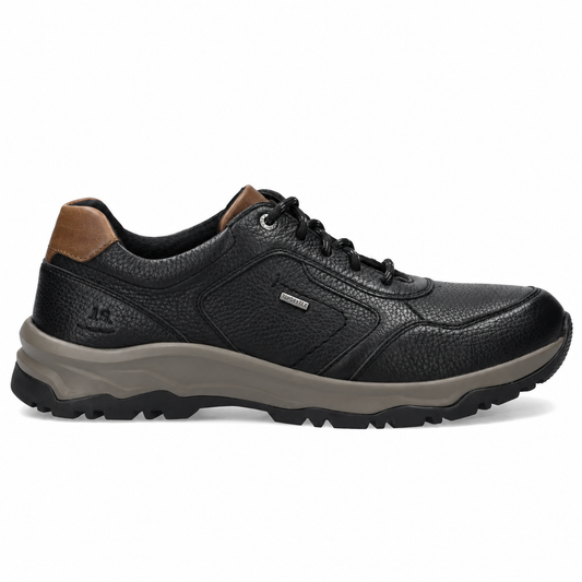 A black leather walking shoe with a brown heel tab, black laces, and a thick gray midsole, shown from a side profile on a white background.