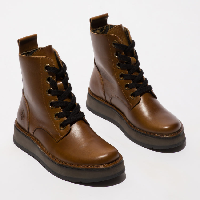 Fly London Women's REIG201FLY Leather Lace-Up Ankle Boots Camel Brown