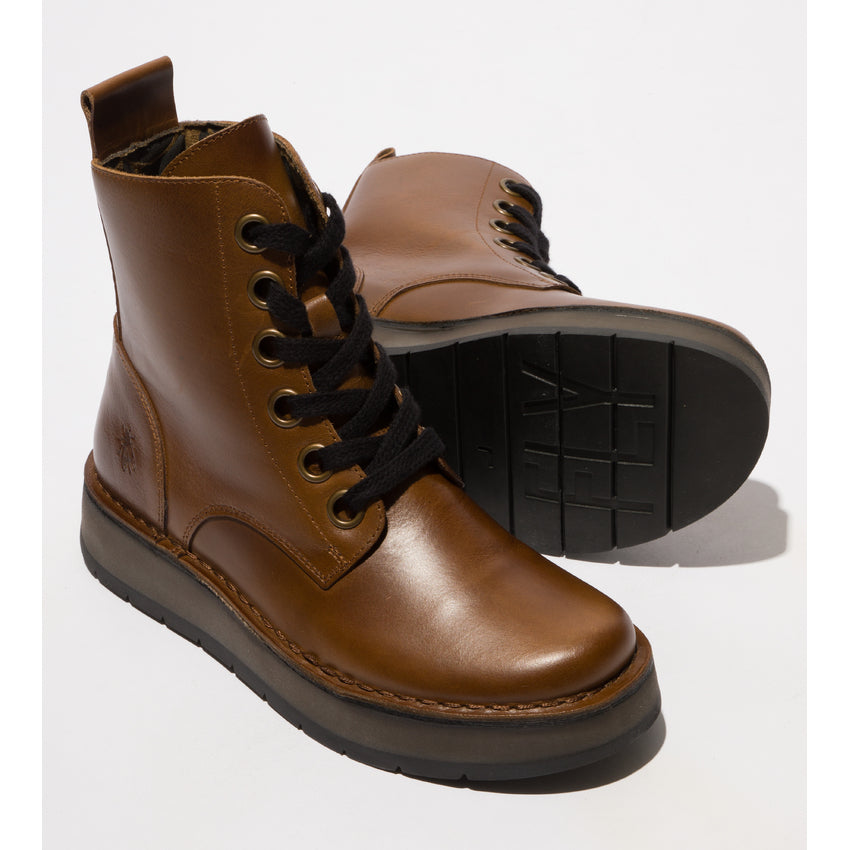 Fly London Women's REIG201FLY Leather Lace-Up Ankle Boots Camel Brown