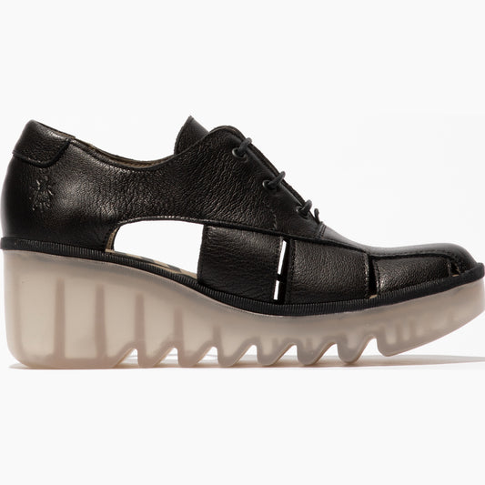 Fly London Women's BOGI466FLY Leather Lace-Up Wedge Shoes Black
