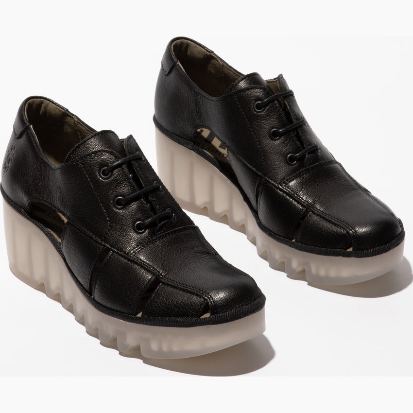Fly London Women's BOGI466FLY Leather Lace-Up Wedge Shoes Black