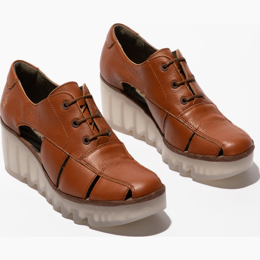 Fly London Women's BOGI466FLY Leather Lace-Up Wedge Shoes Tan Brown