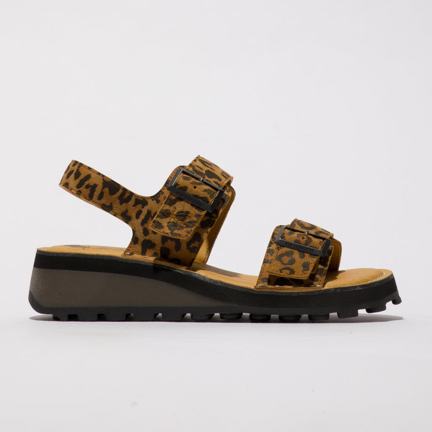 Fly London Women's HEIF58FLY Leather Strap Sandals Cheetah Tan