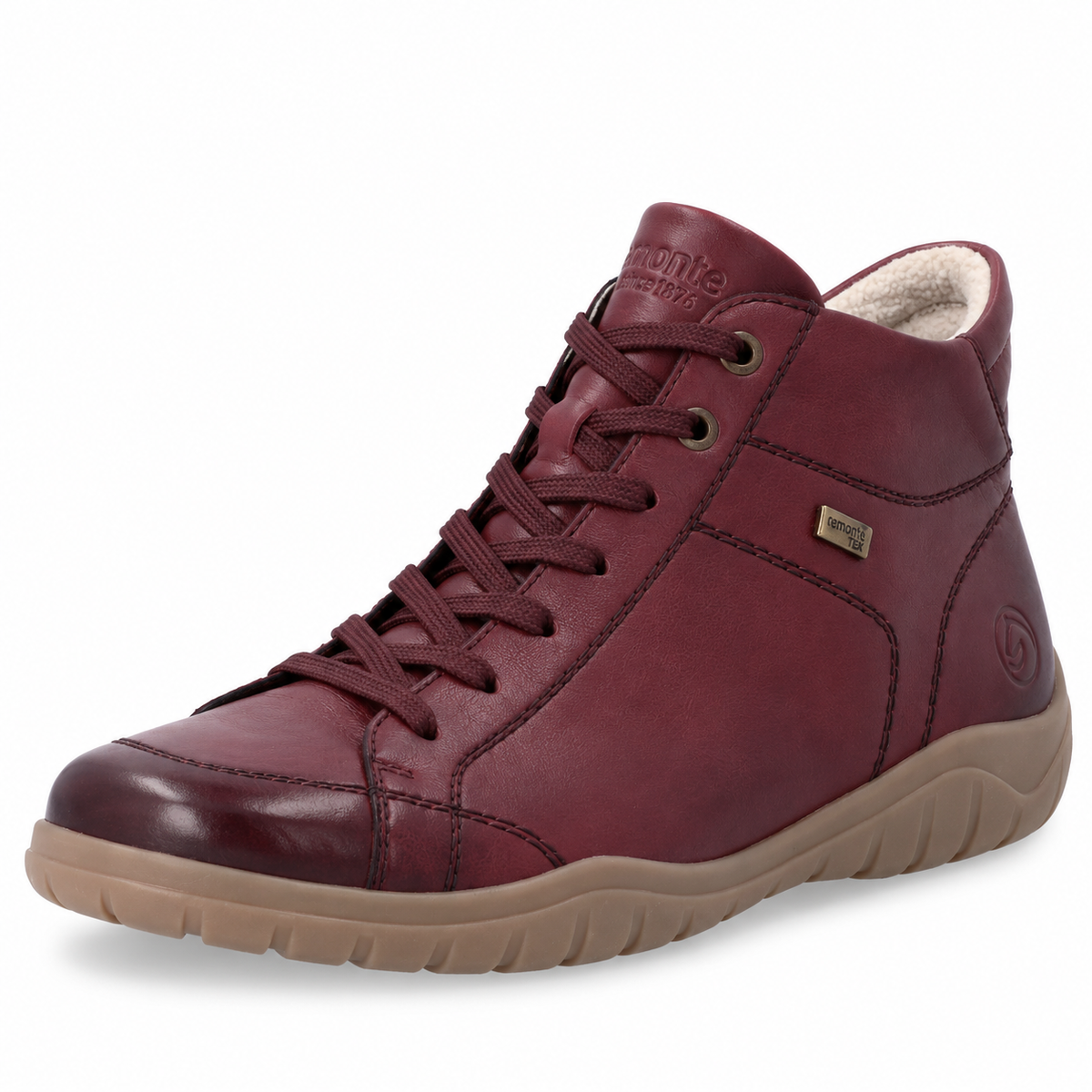 A single mid-top leather sneaker in burgundy with a beige sole, shown from a three-quarters angle on a white background.