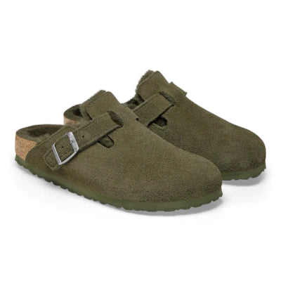 Birkenstock Women's Boston Suede Leather Shearing Clogs Thyme Brown