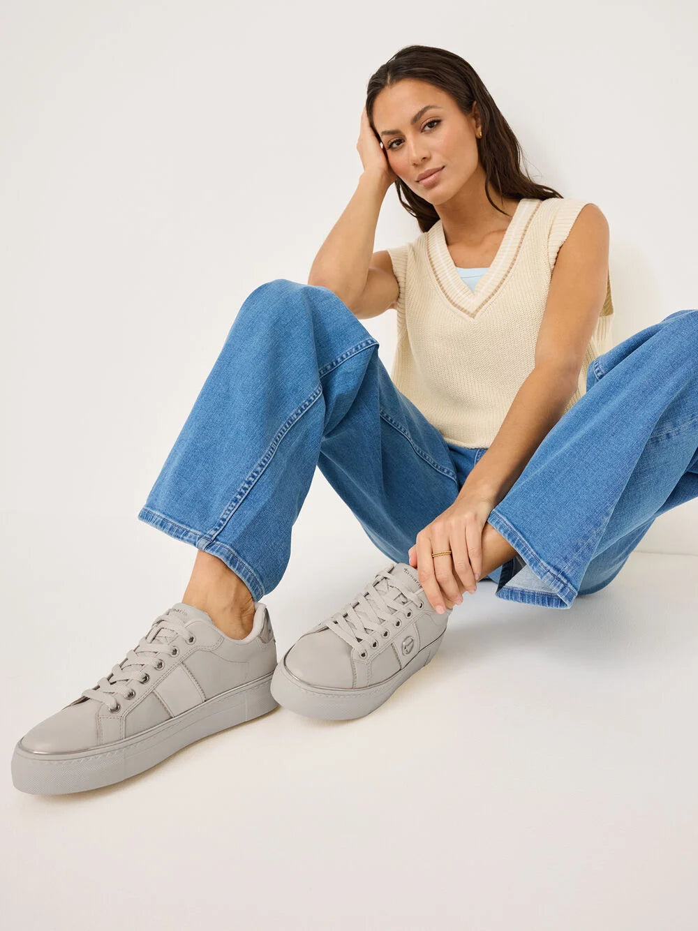 Tamaris Women's 1-23724-42 Leather Lace-Up Sneakers Ivory