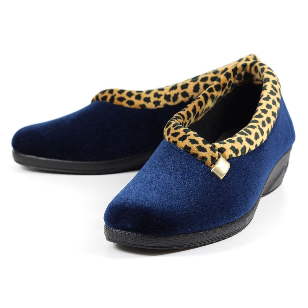 Lunar Women's KLA005 Paloma Ocelot Trim Slippers Navy Blue