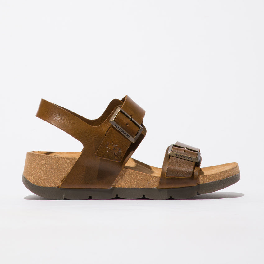 Fly London Women's CEKE722FLY Leather Buckle Sandals Camel Brown