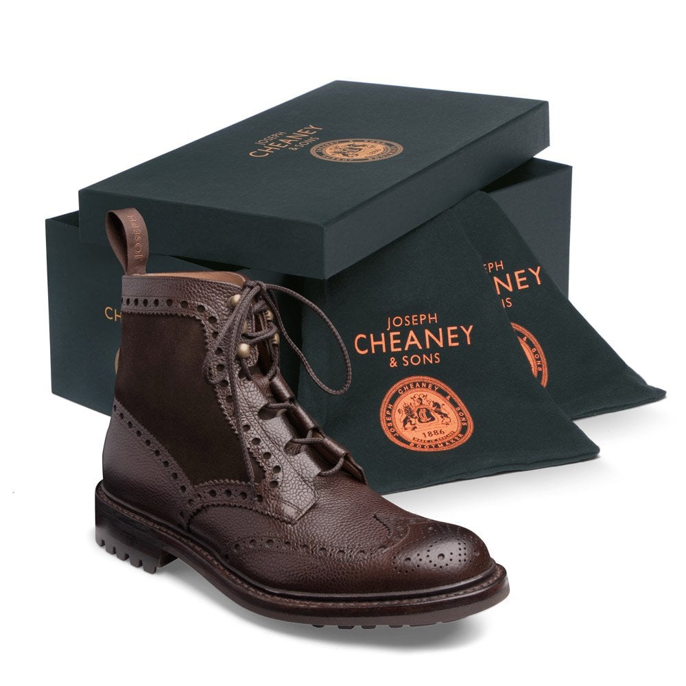 Joseph Cheaney Men's Moray C Ghillie Brogue Boot in Walnut Grain Leather/Pony Suede
