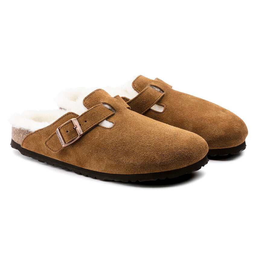 Birkenstock Women's Boston Suede Leather Shearing Clogs Mink Brown