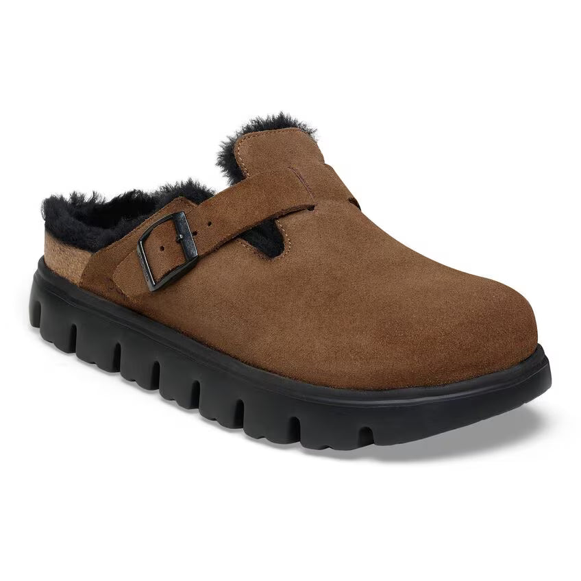 Birkenstock Women's Boston PAP Chunky Suede Leather Shearing Clogs Dark Tea Brown