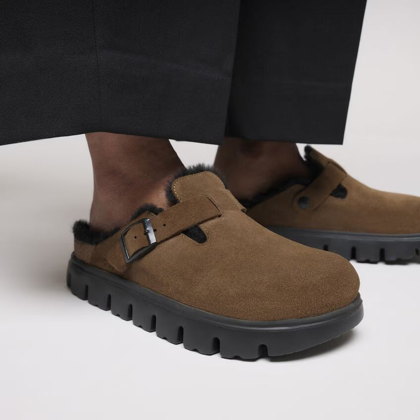 Birkenstock Women's Boston PAP Chunky Suede Leather Shearing Clogs Dark Tea Brown