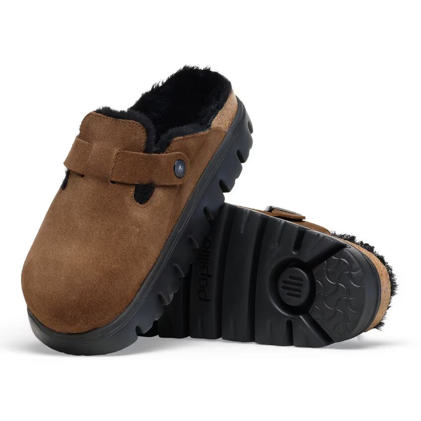 Birkenstock Women's Boston PAP Chunky Suede Leather Shearing Clogs Dark Tea Brown