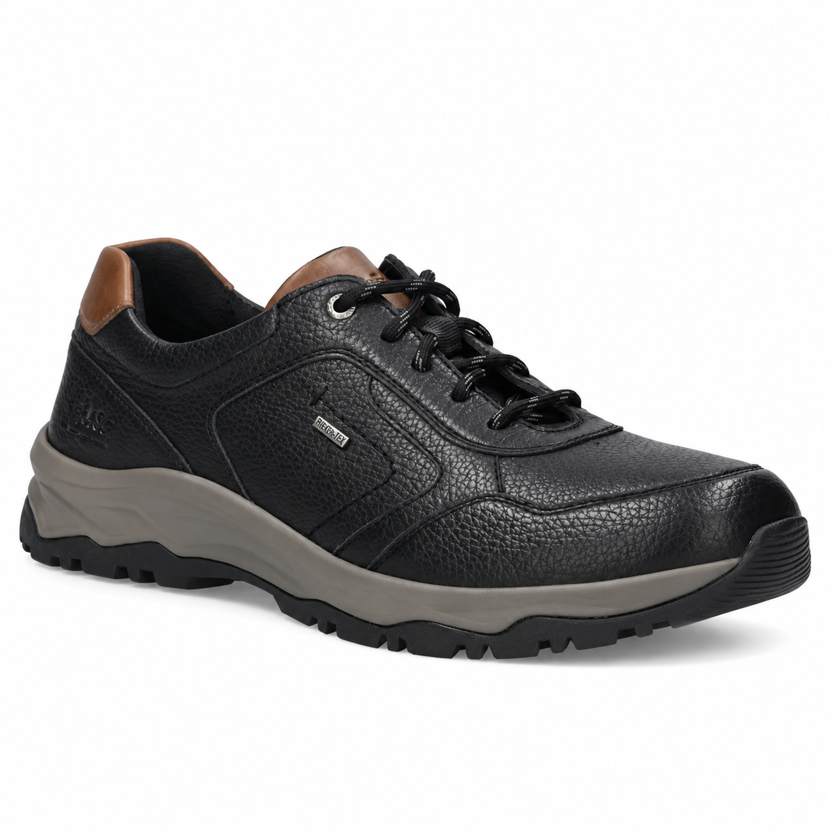 A black leather safety work shoe with a textured grain upper, black laces, a brown heel tab, a gray midsole, and a black treaded outsole, shown on a white background.