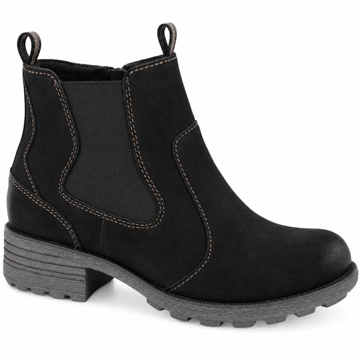 A black Chelsea-style ankle boot with contrast stitching, elastic side panels, pull tabs at the collar, and a chunky dark gray lug sole, shown on a plain white background.