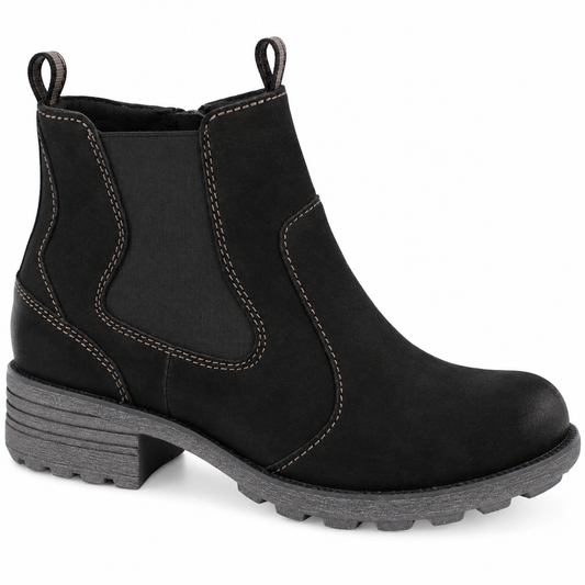 A black Chelsea-style ankle boot with contrast stitching, elastic side panels, pull tabs at the collar, and a chunky dark gray lug sole, shown on a plain white background.