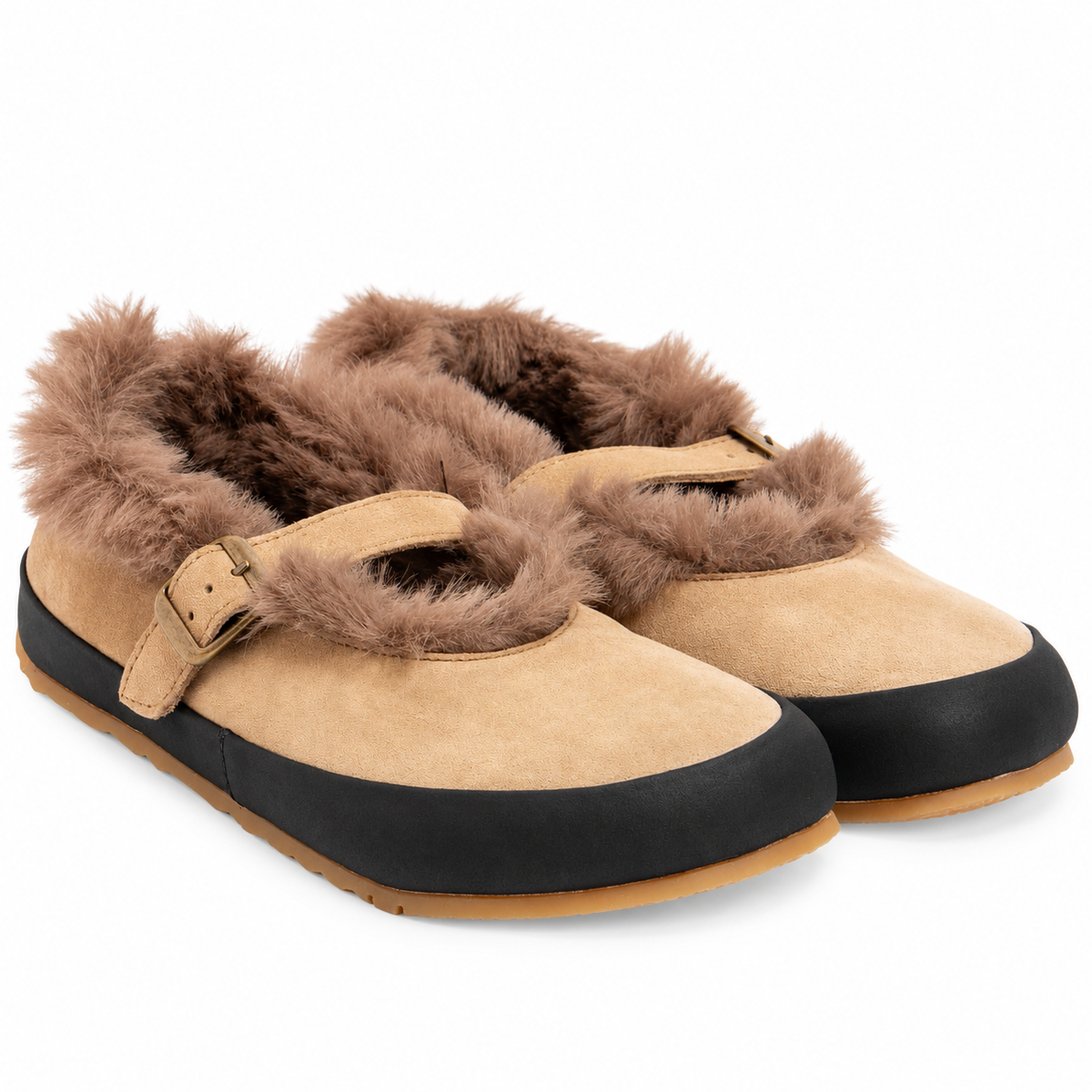 A pair of slip-on slippers with tan suede-like uppers, brown faux-fur trim, and black rubber soles, shown on a plain white background.