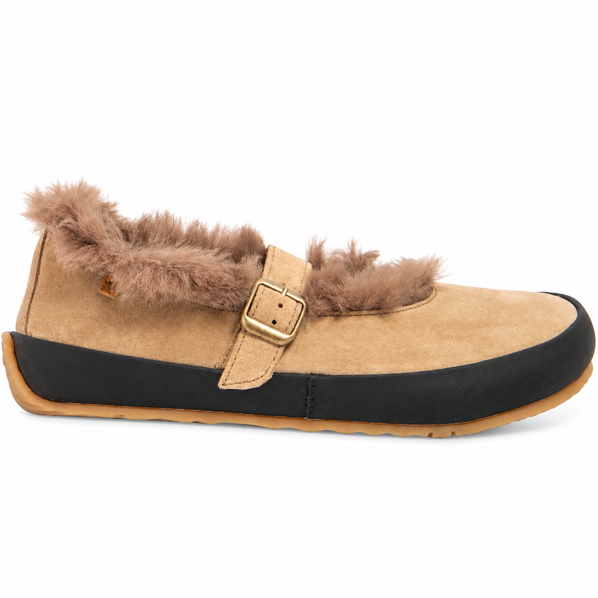A single slip-on slipper shoe in tan suede and black rubber, featuring a brown faux-fur trim around the collar and a gold-tone buckle strap, shown against a plain white background.