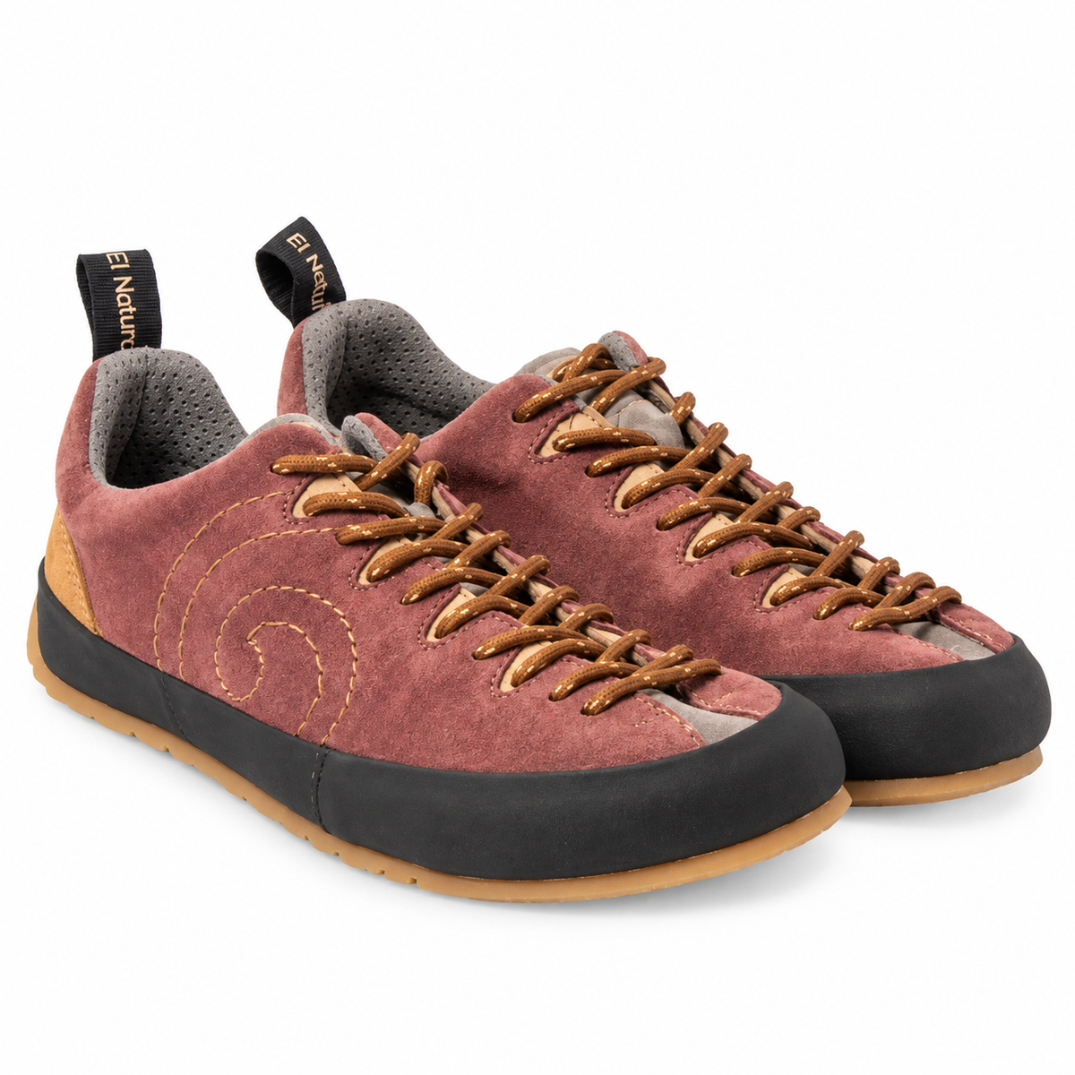 A pair of low-top climbing shoes by Get Natural, featuring dusty rose suede uppers, brown laces, a black rubber toe cap and heel, and a tan outsole, shown on a white background.