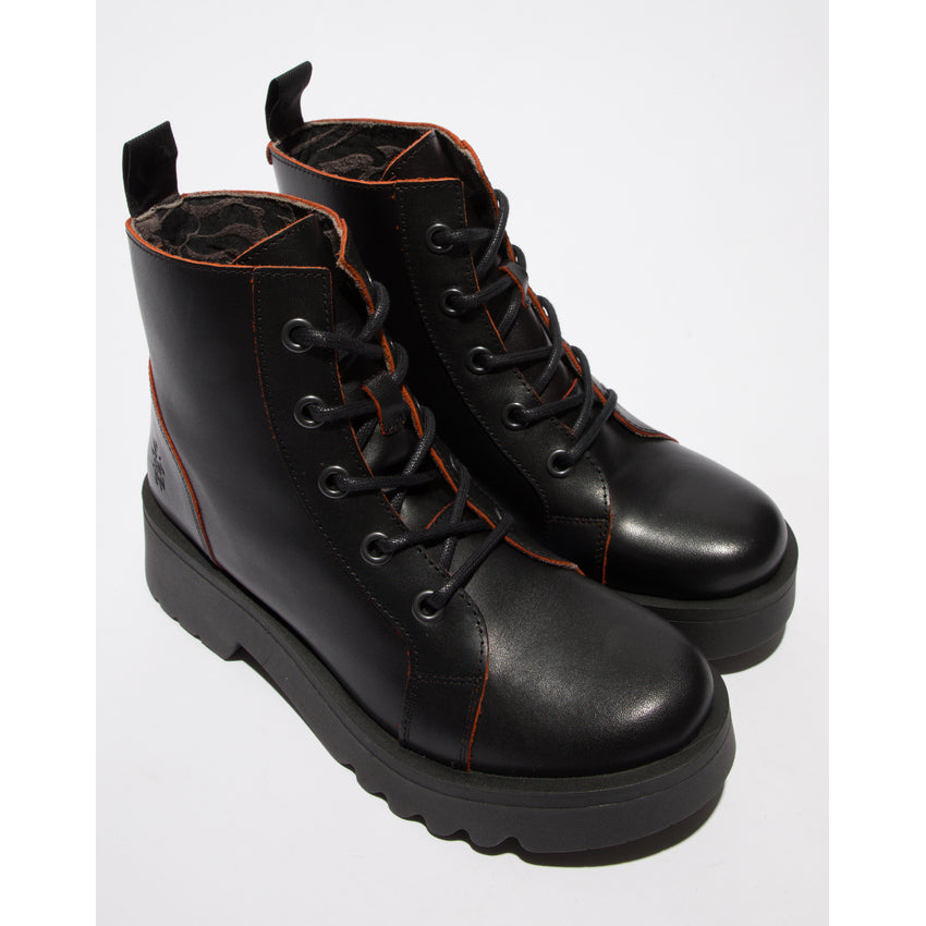 Fly London Women's METZ788FLY Leather Lace-Up Ankle Boots Black Red