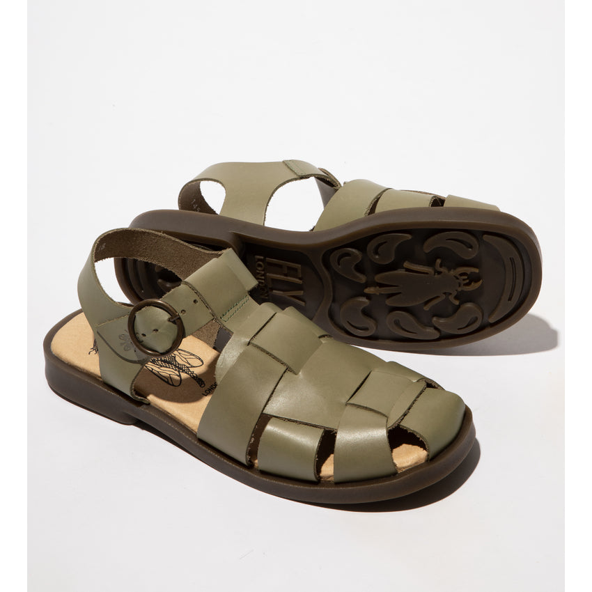 Fly London Women's ARED437FLY Leather Buckle Sandals Smog Green