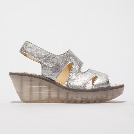 Fly London Women's YAAD604FLY Leather Wedge Sandals Silver