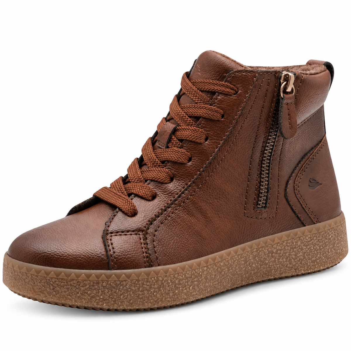 A brown leather high-top sneaker boot with a side zipper, matching brown laces, and a thick textured brown sole, shown on a white background.
