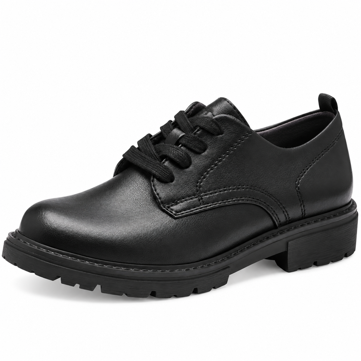 A single black leather lace-up shoe with a chunky lug sole, shown from a side profile view on a white background.