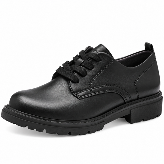 A single black leather lace-up shoe with a chunky lug sole, shown from a side profile view on a white background.