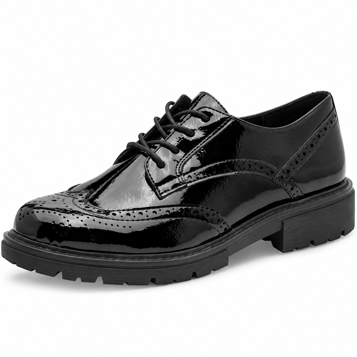 A single black patent leather oxford shoe with brogue detailing and a chunky lug sole, shown from a three-quarters angle on a white background.