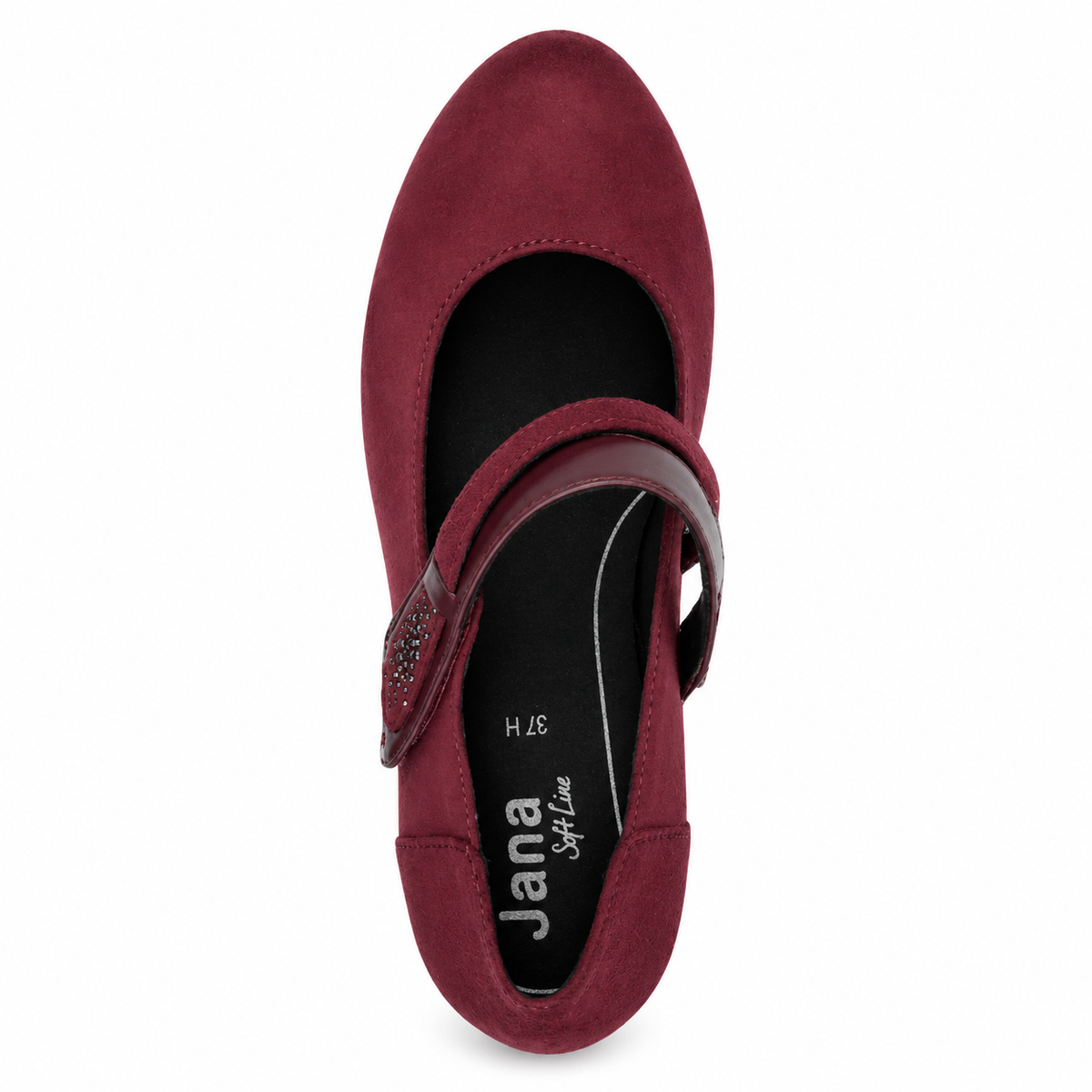 A single burgundy suede Mary Jane flat shoe shown from a top-down view on a white background. The shoe features a rounded toe, a single strap with a decorative rhinestone embellishment, and the brand name 'Jana' printed on the black insole.
