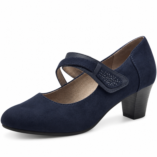 A navy blue suede Mary Jane pump with a block heel, featuring a double strap design with a decorative stud detail on the side, shown against a plain white background.