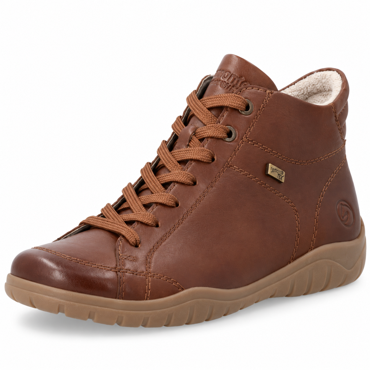 A brown leather mid-top lace-up shoe with a tan sole, featuring a small gold metal badge on the side and a white fleece lining visible at the collar, set against a plain white background.