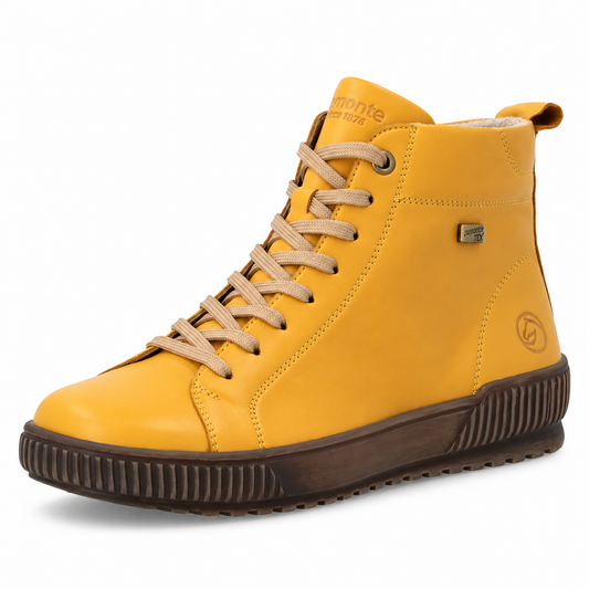 A single high-top sneaker boot in mustard yellow leather with beige laces and a dark brown sole, shown from a three-quarters angle on a white background.