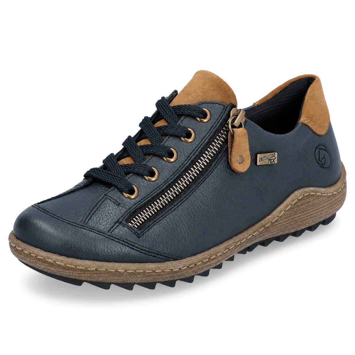 A single dark navy blue leather sneaker with a tan suede collar lining, brown laces, a gold-tone side zipper, and a brown textured midsole, shown on a white background.
