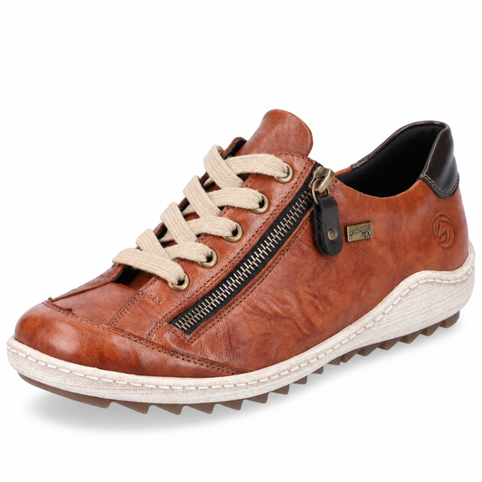 A brown leather low-top sneaker with beige laces, a black side zipper, and a cream-colored sole, shown on a white background.