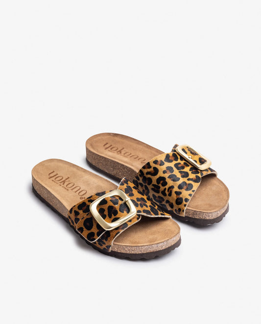 Yokono Women's Jerba 114 Leather Flat Sandals Leopard Natural
